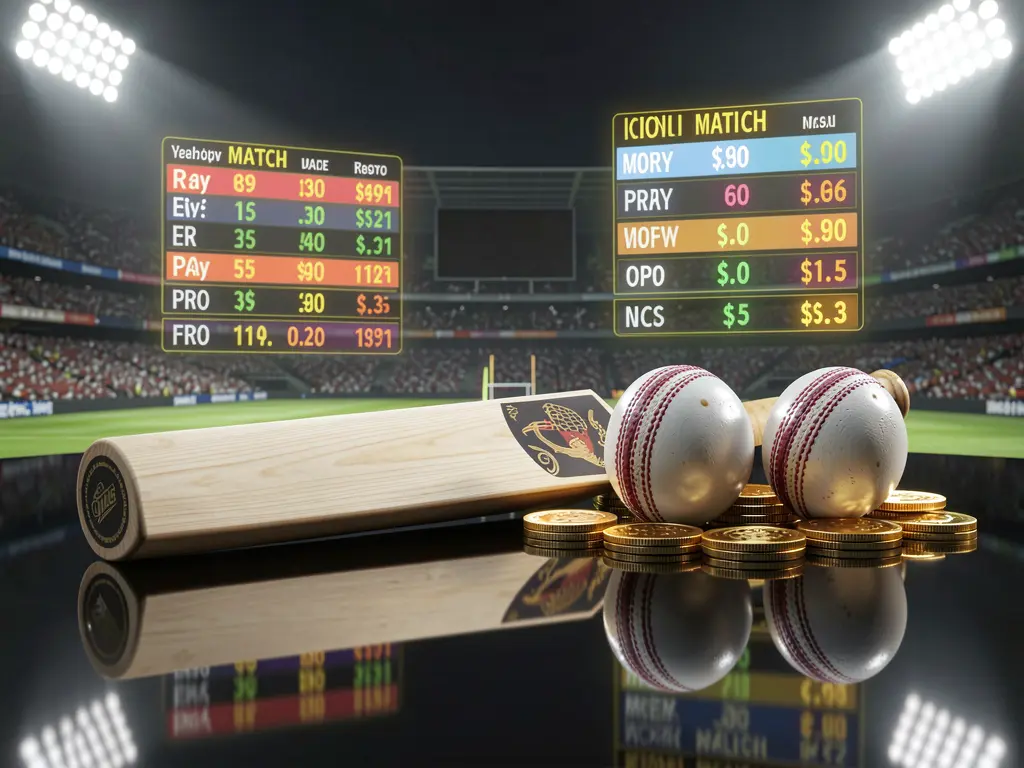 Realistic 3D render of a cricket bat and ball on a glossy dark surface with golden coins, glowing match statistics, and stadium lights, representing RM 666 premium sports betting in Malaysia