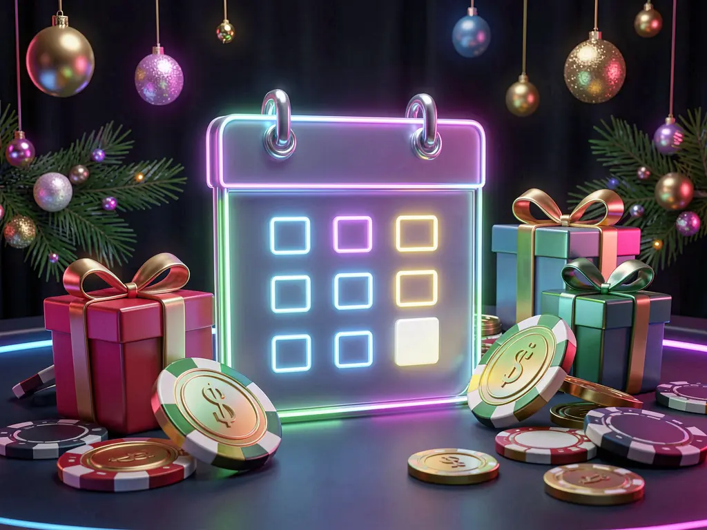 RM 666 weekly casino bonus concept featuring a calendar icon, gift boxes, coins, and chips on a festive dark background with neon glow in premium 3D style