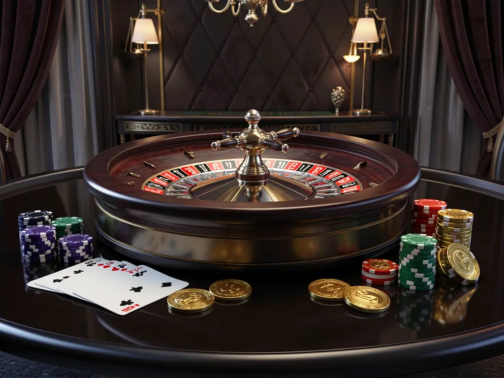 Realistic 3D illustration of a modern online casino scene featuring a roulette wheel, playing cards, poker chips, and golden coins on a glossy table with a dark luxury background, showcasing the RM 666 brand experience in Malaysia