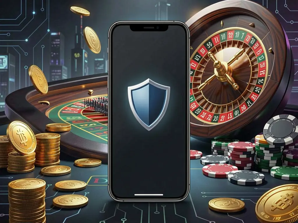 Secure mobile casino access on phone screen with shield icon, roulette wheel, poker chips, and golden coins in a dark cyber luxury atmosphere featuring RM 666 branding