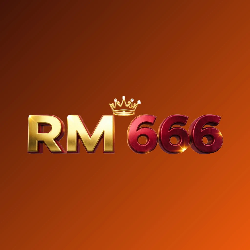 Dynamic casino-style logo for RM 666 featuring massive bold lettering in bright gold and crimson colors, with a glowing crown and sparkling light effects on a transparent background, designed as a wide horizontal rectangular wordmark for a website header
